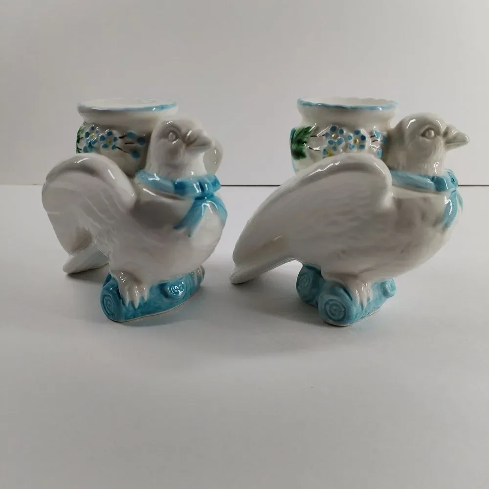 Vintage 1988 The Haldon Pair Dove Bird‎ Candle Holders White Blue Ribbon 4